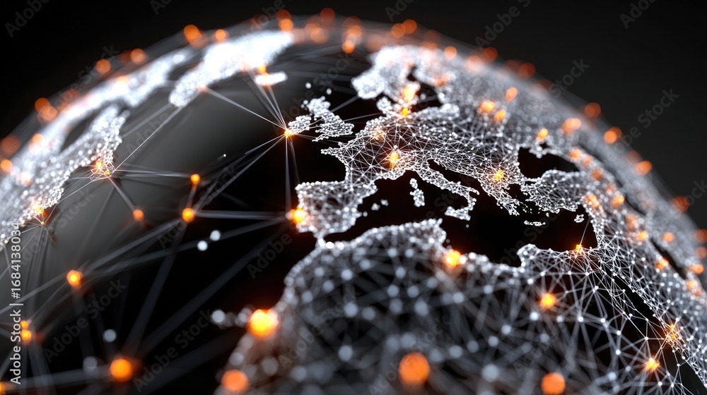 Poster a detailed representation of a globe showcasing interconnected networks and data points. this image 