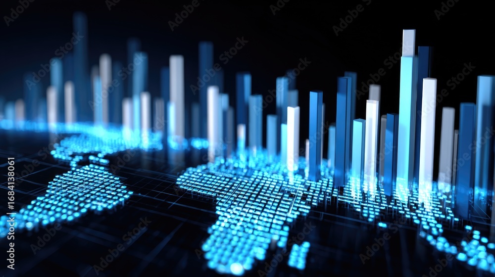 Poster a striking visualization of a digital world map embedded with glowing data bars, symbolizing the int