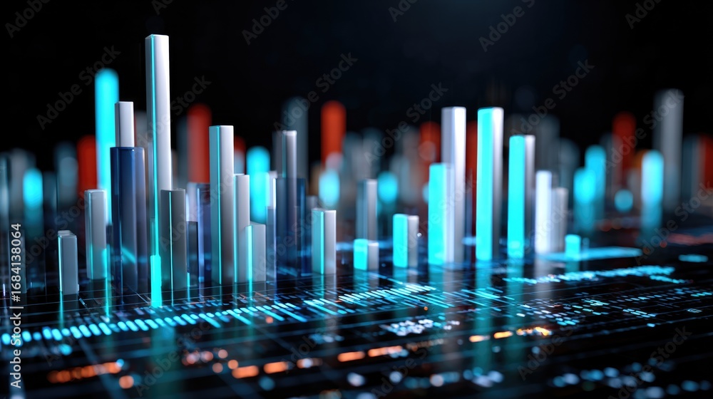 Poster an abstract representation of data visualization featuring colorful bars rising and falling against 