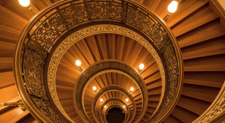 Obraz premium Low-angle shot of a luxurious spiral staircase with ornate railings and warm lighting in a historic building.