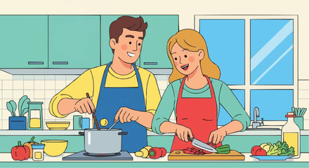 I love food day semptember 9 couple cooking together healthy meal recipe in kitchen happy family preparing food lifestyle illustration vector