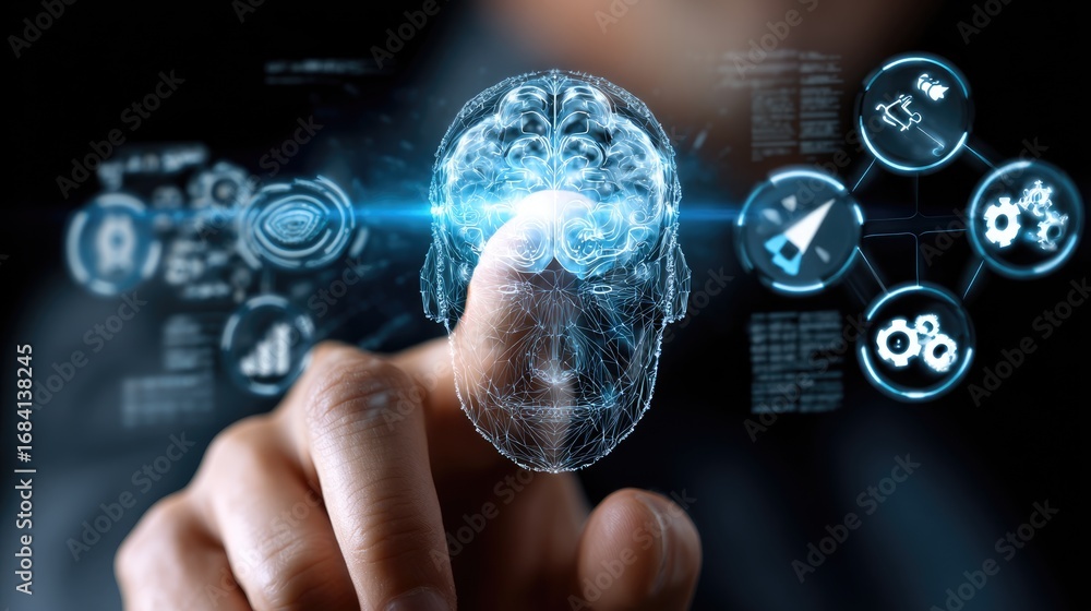 Aufkleber an innovative depiction of a human finger interacting with a glowing digital brain, showcasing advan