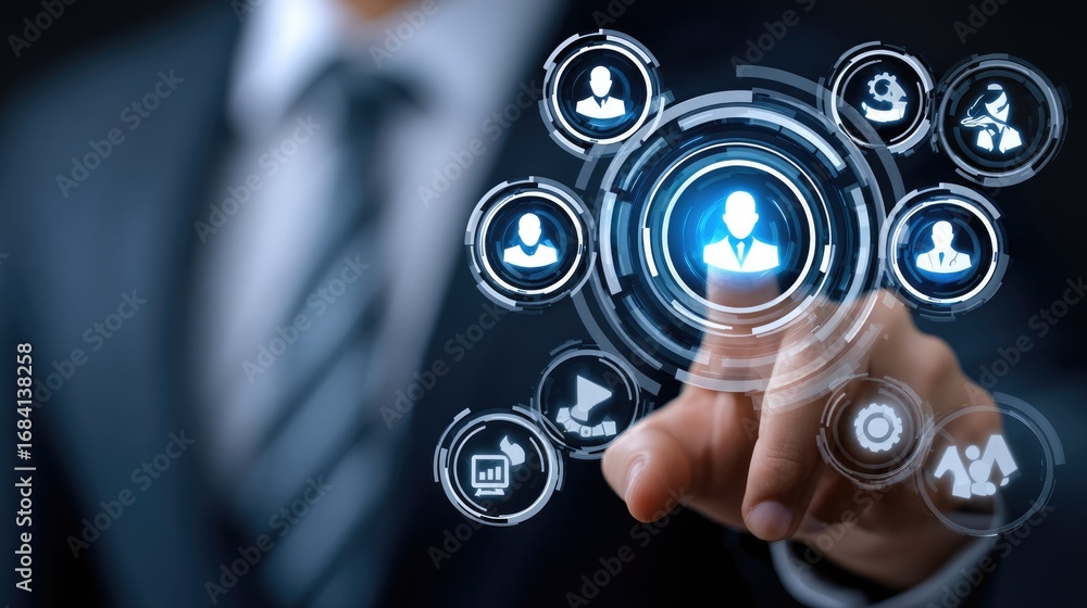 Aufkleber a businessman interacts with a digital interface, showcasing various icons representing connectivity
