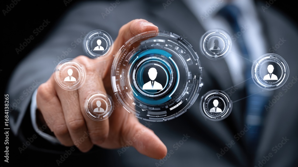 Poster a professional hand interacting with digital user interface icons. the image represents innovation a