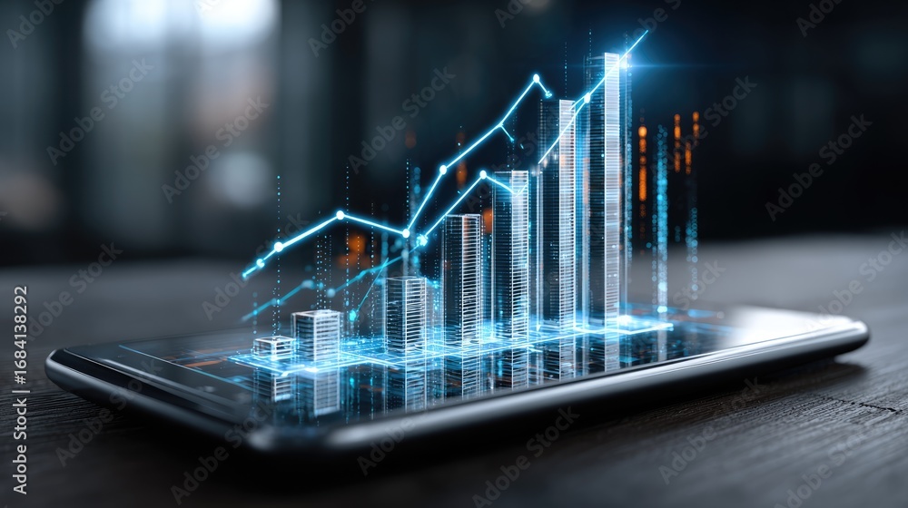 Aufkleber a smartphone displaying a digital graph, showcasing growth and analytics in a modern workspace. this