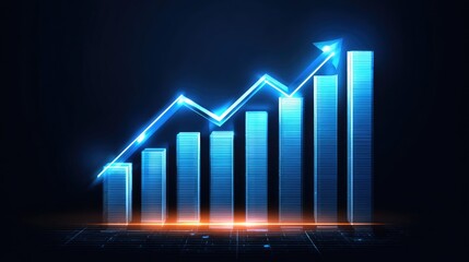 A modern digital graph illustrating growth and success with glowing blue bars on a dark background, symbolizing financial progress and strategic planning in business.