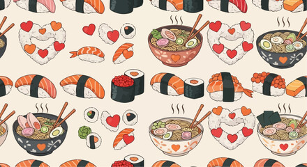 I love food day semptember 9 seamless pattern with sushi and ramen bowls for valentine's day japanese food background vector illustration vector