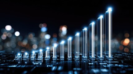 Dynamic digital financial growth chart with glowing bars showing upward trend against a blurred cityscape background, symbolizing progress and innovation in business.