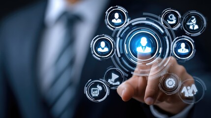 A businessman interacts with a digital interface, showcasing various icons representing connectivity and communication in the modern workspace