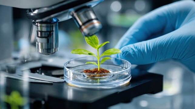 Focus on scientists gloved hand holding edited plant seedling in petri dish biolab machinery slightly blurred showcasing advances in plant biotechnology.