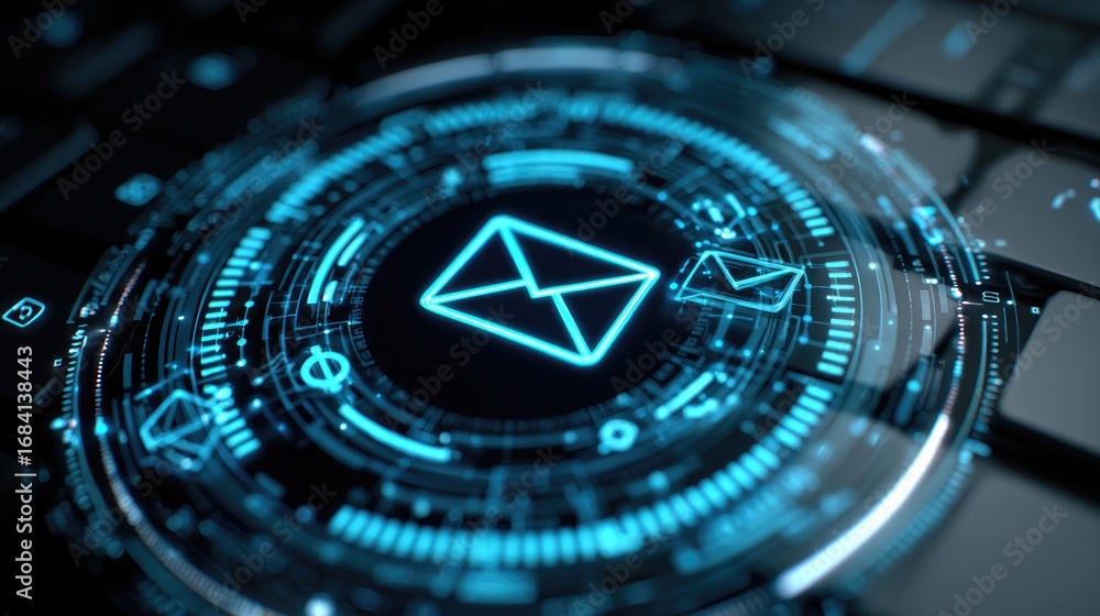 Poster futuristic digital email icon on a keyboard, showcasing advanced technology and communication