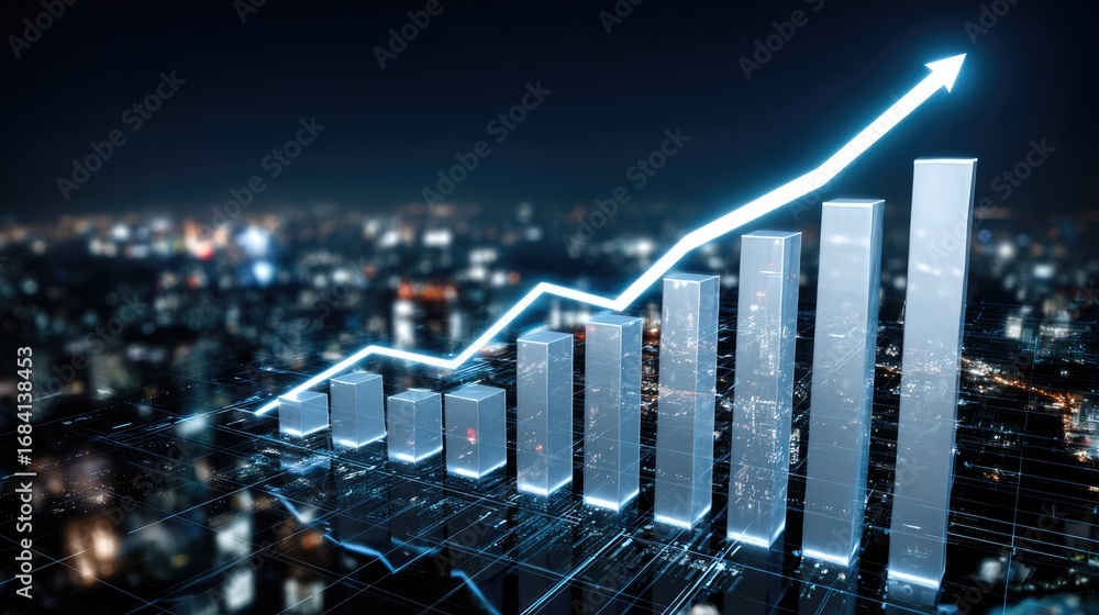 Poster a digital graph showcasing business growth, featuring ascending bars and an upward arrow against a c