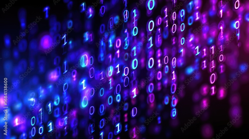 Poster vibrant digital backdrop showcasing streams of binary code illuminated in shades of blue and purple,