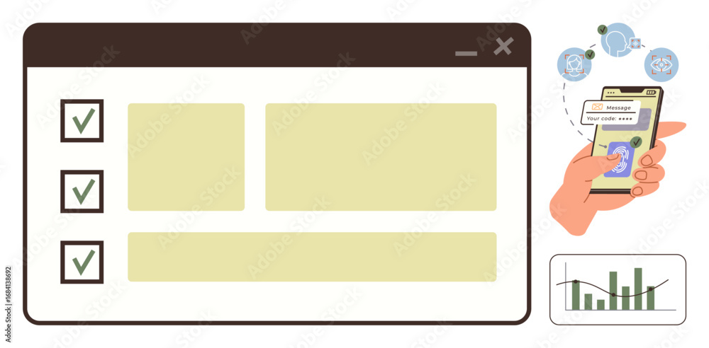Poster digital checklist interface with completed tasks, hand holding a phone with task details, bar chart 
