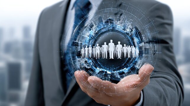 A businessman holds a futuristic digital sphere representing teamwork and networking, showcasing the importance of collaboration in the modern corporate environment.