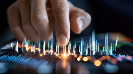 Close-up of a hand interacting with a digital display, analyzing data trends and graphs. A depiction of modern technology and data-driven decisions in a dynamic environment.