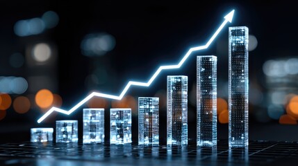 Fototapeta premium A glowing financial graph represents growth and progress in business performance. The upward trend symbolizes success and indicates a positive future in the corporate world.