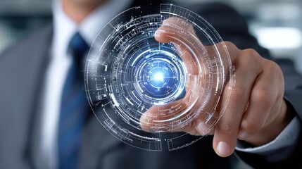 A businessman interacts with futuristic technology, manipulating holographic elements that represent data, innovation, and digital transformation in a modern office environment.