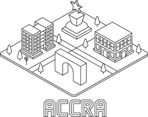 Accra Cityscape Isometric Outline Illustration Featuring Urban Landmarks and Design
