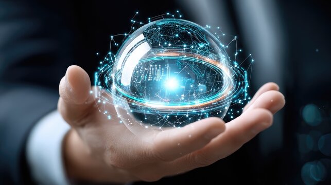 A hand holds a futuristic, glowing orb representing technology and innovation, symbolizing the merging of human skill and digital intelligence in a modern world.