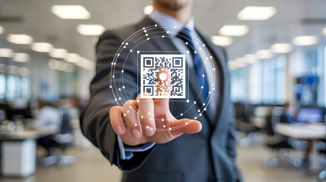 Businessman interacts with digital QR code, connecting to modern business network