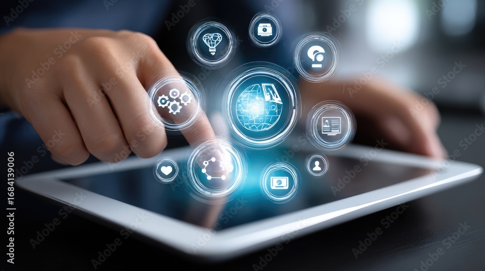 Poster a close-up of a hand interacting with a tablet, showcasing modern technology and digital interfaces.