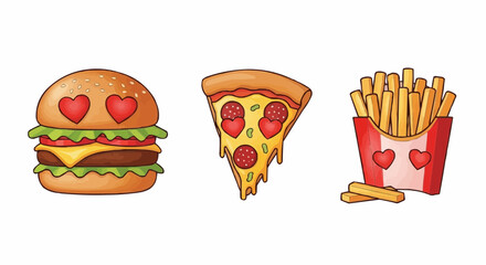 I love food day semptember 9 burger pizza and fries vector illustration fast food with heart eyes concept for valentines day design vector