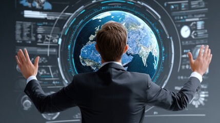 A businessman interacting with a holographic globe, showcasing advanced technology and data visualization. This image reflects innovation, global connection, and future trends.