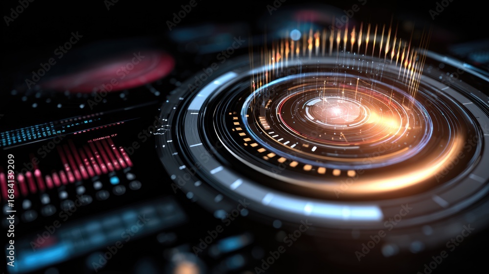 Poster a futuristic digital interface displays vibrant, glowing elements. the design features intricate pat