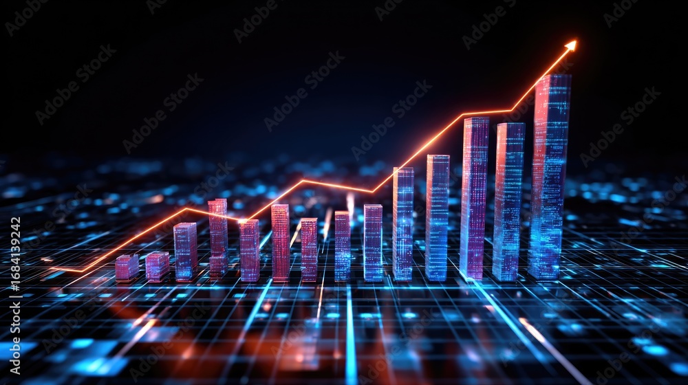 Poster an abstract digital representation of financial growth, featuring a rising graph overlaying a grid b