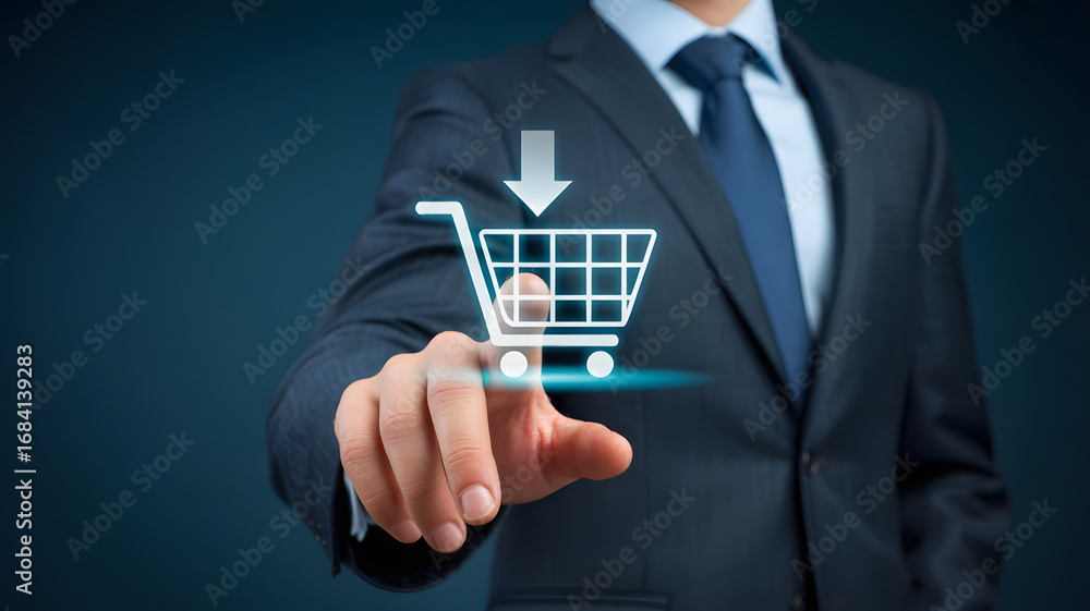 Poster business professional adding item to online shopping cart with digital interface