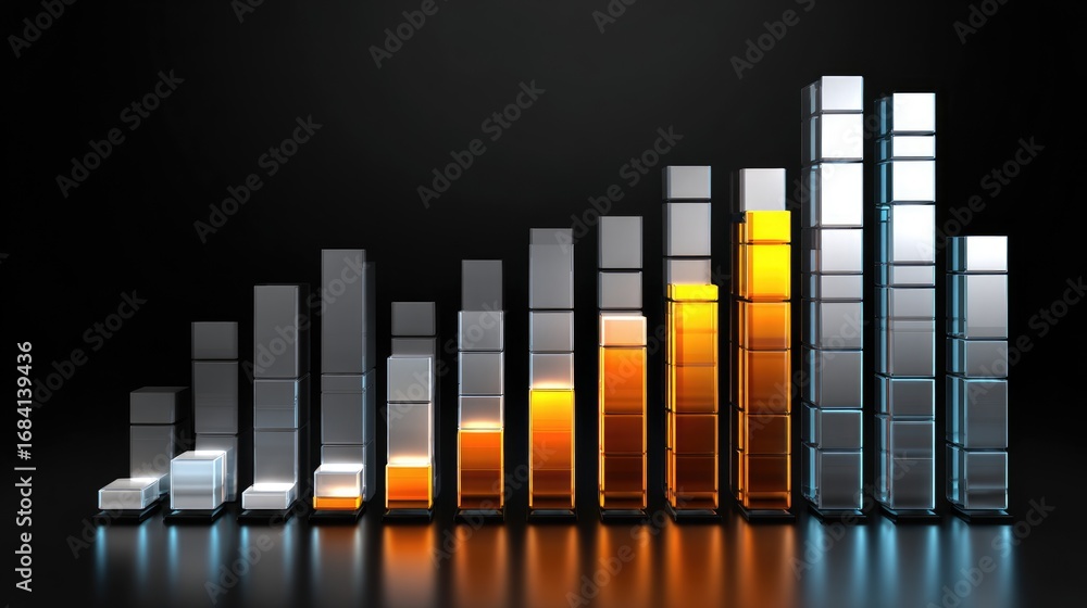 Poster a modern 3d graph showcasing upward trends in data analysis. the bars vary in height and color, repr