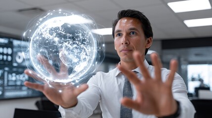 A professional man interacts with a glowing, holographic globe representing global connectivity