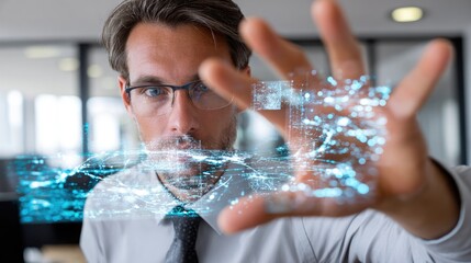 A professional man interacts with a digital hologram in a modern office setting, showcasing advanced technology and innovation in the workplace.