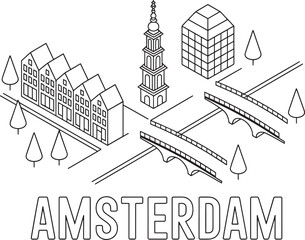 Fototapeta premium Amsterdam Cityscape Isometric View with Canals, Buildings, and Bridges Vector Graphic