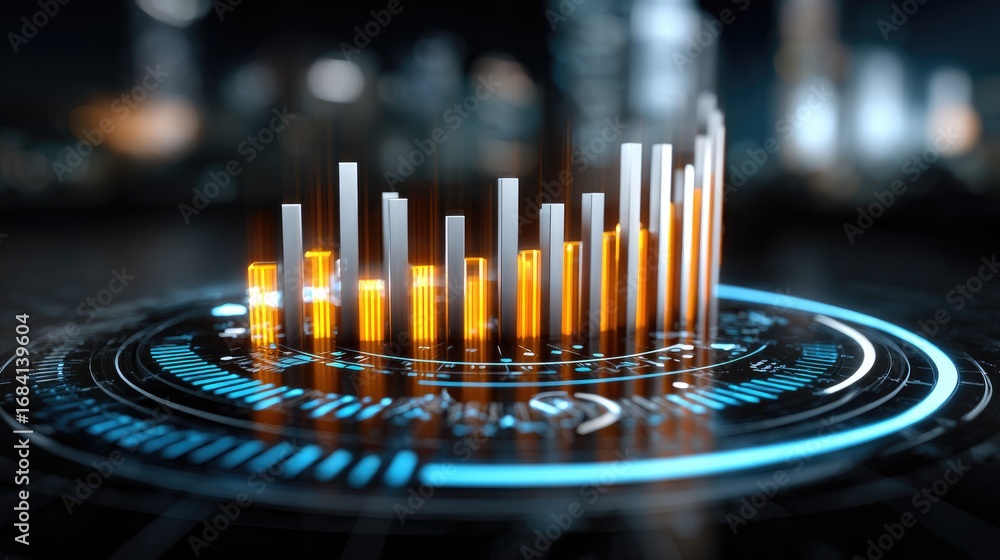 Poster a futuristic digital display showcasing a series of fluctuating bar graphs, symbolizing data analysi