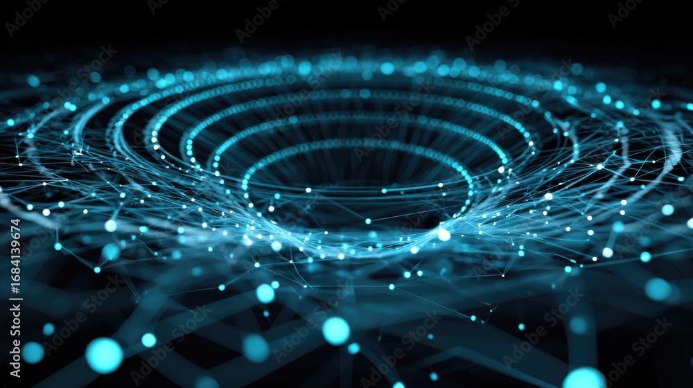 Poster a mesmerizing digital network visualization showcasing interconnected blue dots and lines, forming i