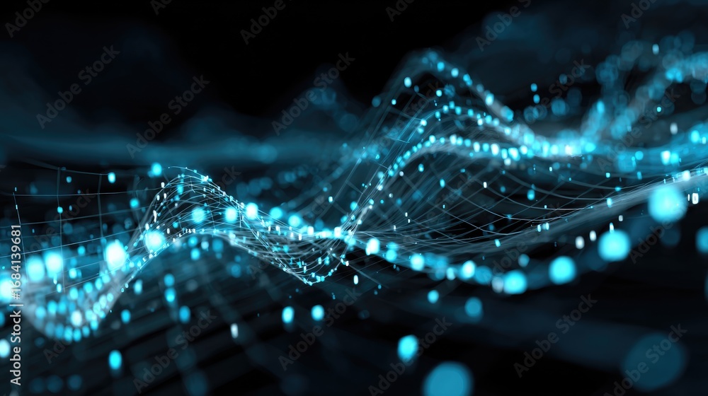 Poster a stunning digital representation of data waves, showcasing interconnected blue dots and lines on a 