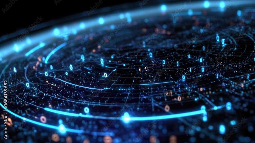 Poster a mesmerizing digital representation of interconnected data points and circuits, illustrating the co