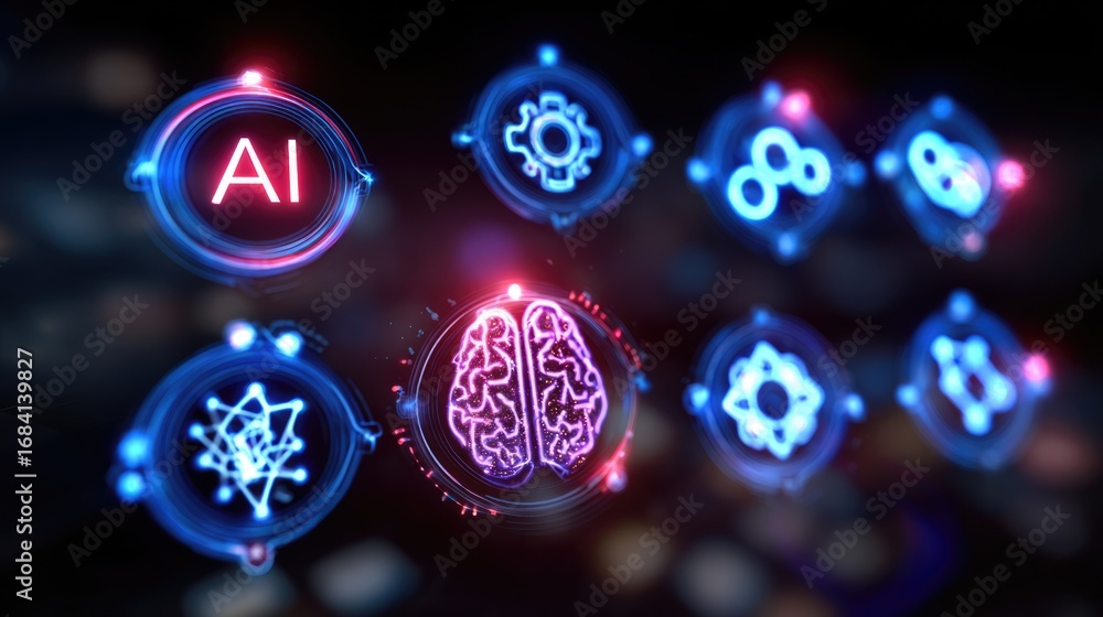 Aufkleber a vibrant display of futuristic icons representing artificial intelligence concepts, showcasing a br
