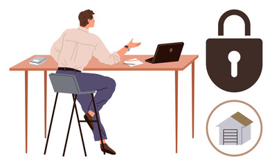 Man seated at desk with laptop, engaged in analytical discussion. Large lock and storehouse icon convey security, data protection. Ideal for tech, business, privacy, cyber safety, storage workplace