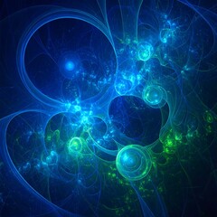 A mesmerizing fractal design exhibits swirling patterns of vibrant blues and greens, creating a captivating and otherworldly visual experience.