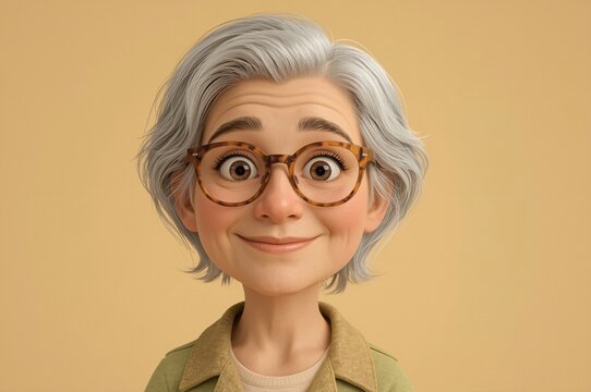 Happy senior woman cartoon portrait, studio background, advertising