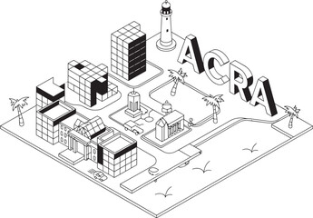 Isometric Accra Cityscape Outline Illustration with Landmark Buildings and Palm Trees Design