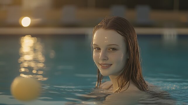 Teenage Girl in Swimming Pool at Sunset, Summer Fun