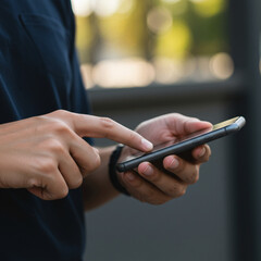 portrait of a person using a cell phone portrait of the bust and arms with focus on the cell phone