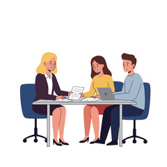 Three people sit at a table A woman with blonde hair presents documents to a couple