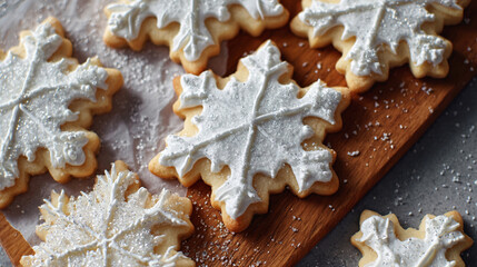 Realistic Photography Prompts of Snowflake Christmas Cookies on Wooden Board, Generative AI
