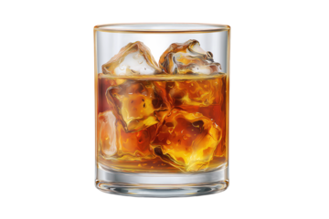Whiskey on the rocks in a glass, isolated on white transparent background