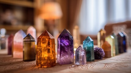 Focused view of a vibrant crystal array used for energy healing with the rest of the room gently blurred to emphasize alternative therapy tools.